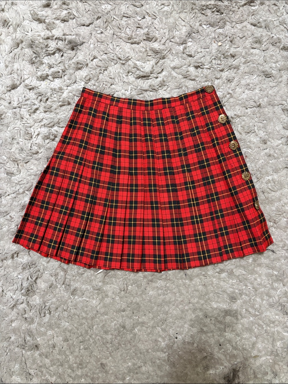 Classic Red Plaid Pleated Skirt with Side Button Detail